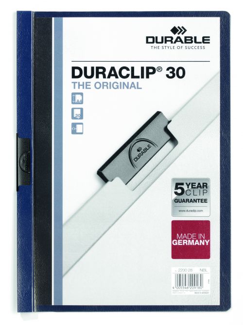 Durable+Duraclip+Folder+PVC+Clear+Front+3mm+Spine+for+30+Sheets+A4+Midnight+Blue+Ref+2200%2F28+%5BPack+25%5D
