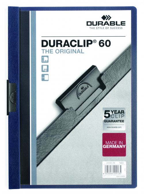 Durable Duraclip Folder PVC Clear Front 6mm Spine for 60 Sheets A4 Midnight Blue Ref 2209/28 [Pack 25]