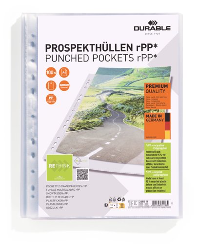 Durable Recycled Punched Pocket PREMIUM Sleeve Wallets - 100 Pack - A4 Clear Durable Recycled Punched Pocket PREMIUM Sleeve Wallets - 100 Pack - A4 Clear