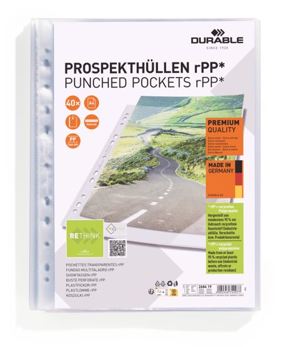 Durable Recycled Punched Pocket PREMIUM Sleeve Wallets - 40 Pack - A4 Clear Durable Recycled Punched Pocket PREMIUM Sleeve Wallets - 40 Pack - A4 Clear