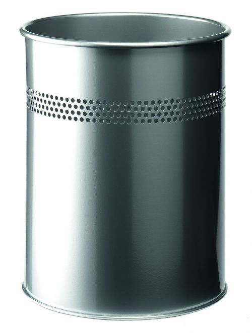 Durable+Metal+Round+Waste+Bin+15+Litre+Capacity+with+30mm+Perforated+Ring+Silver+-+330023