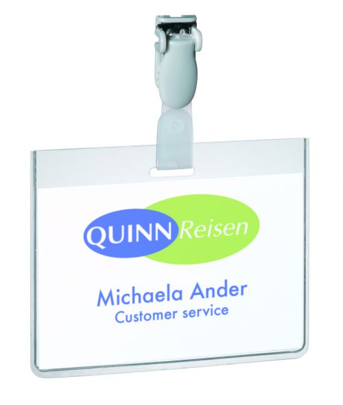 Durable+Security+Name+Badge+60x90mm+with+Plastic+Clip+Includes+Blank+Insert+Cards+Transparent+%28Pack+25%29+-+814319