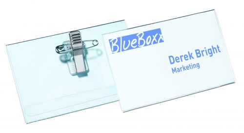 Durable+Name+Badge+54x90mm+with+Combi+Clip+Includes+Blank+Insert+Cards+Transparent+%28Pack+50%29+-+814519