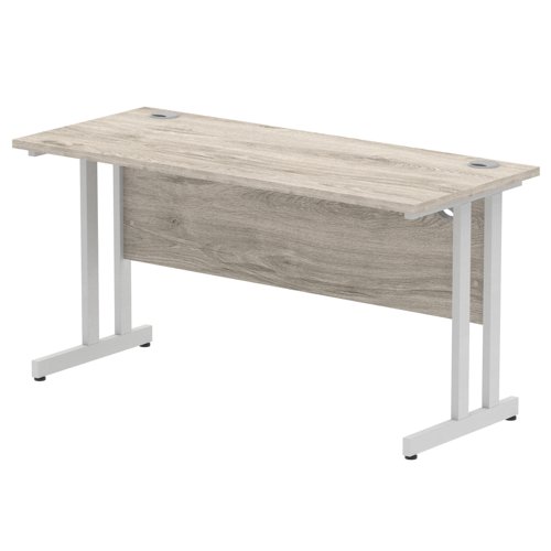 Impulse 1400 x 600mm Straight Desk Grey Oak Top Silver Cantilever Leg I003071