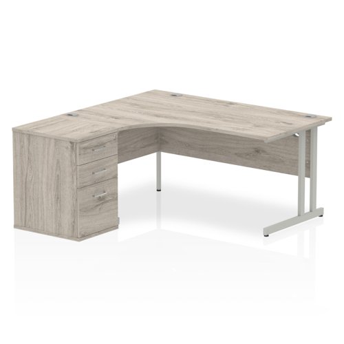 Dynamic+Impulse+1600mm+Left+Crescent+Desk+Grey+Oak+Top+Silver+Cantilever+Leg+Workstation+600mm+Deep+Desk+High+Pedestal+Bundle+I003171