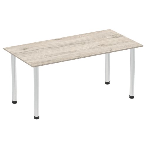 Impulse 1600mm Straight Table Grey Oak Top Brushed Aluminium Post Leg I003665