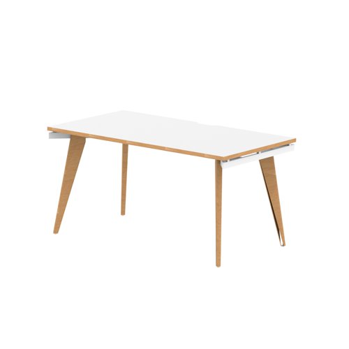 Oslo Single White Frame Wooden Leg Bench Desk 1400 White With Natural Wood Edge