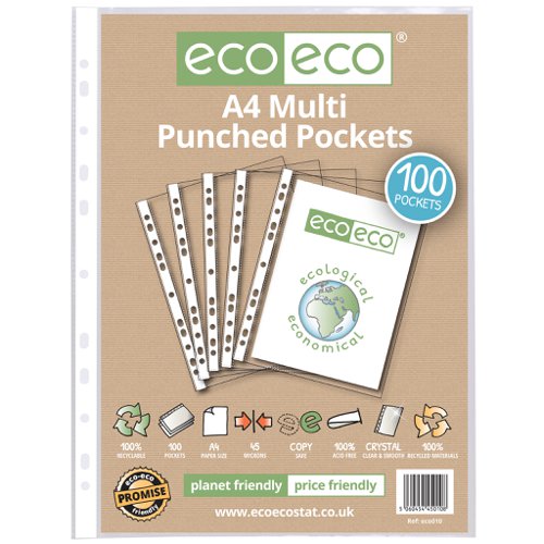 A4 100% Recycled Bag 100 Multi Punched Pockets (Pack of 10)