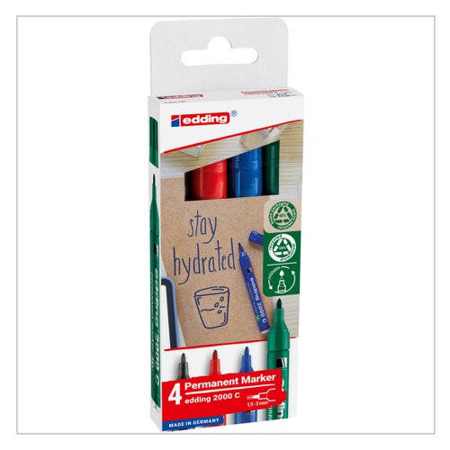 edding 2000C Permanent Marker Bullet Tip 1.5-3.0mm Line width Assorted Colours in Cardboard Packaging (Pack of 4) - 4-2000-4-2 edding 2000C Permanent Marker Bullet Tip 1.5-3.0mm Line width Assorted Colours in Cardboard Packaging (Pack of 4) - 4-2000-4-2