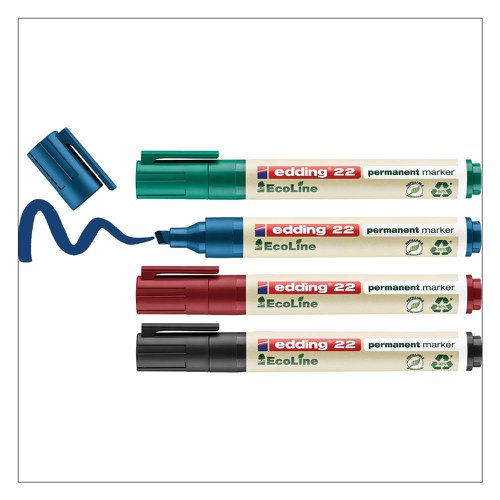 Edding 22 EcoLine Permanent Marker Chisel Tip 1-5mm Line Assorted Colours (Pack 4) Edding 22 EcoLine Permanent Marker Chisel Tip 1-5mm Line Assorted Colours (Pack 4)