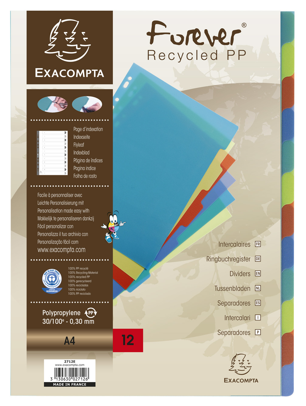 Exacompta Forever Recycled Divider 12 Part A4 300 Micron Polypropylene Assorted Colours