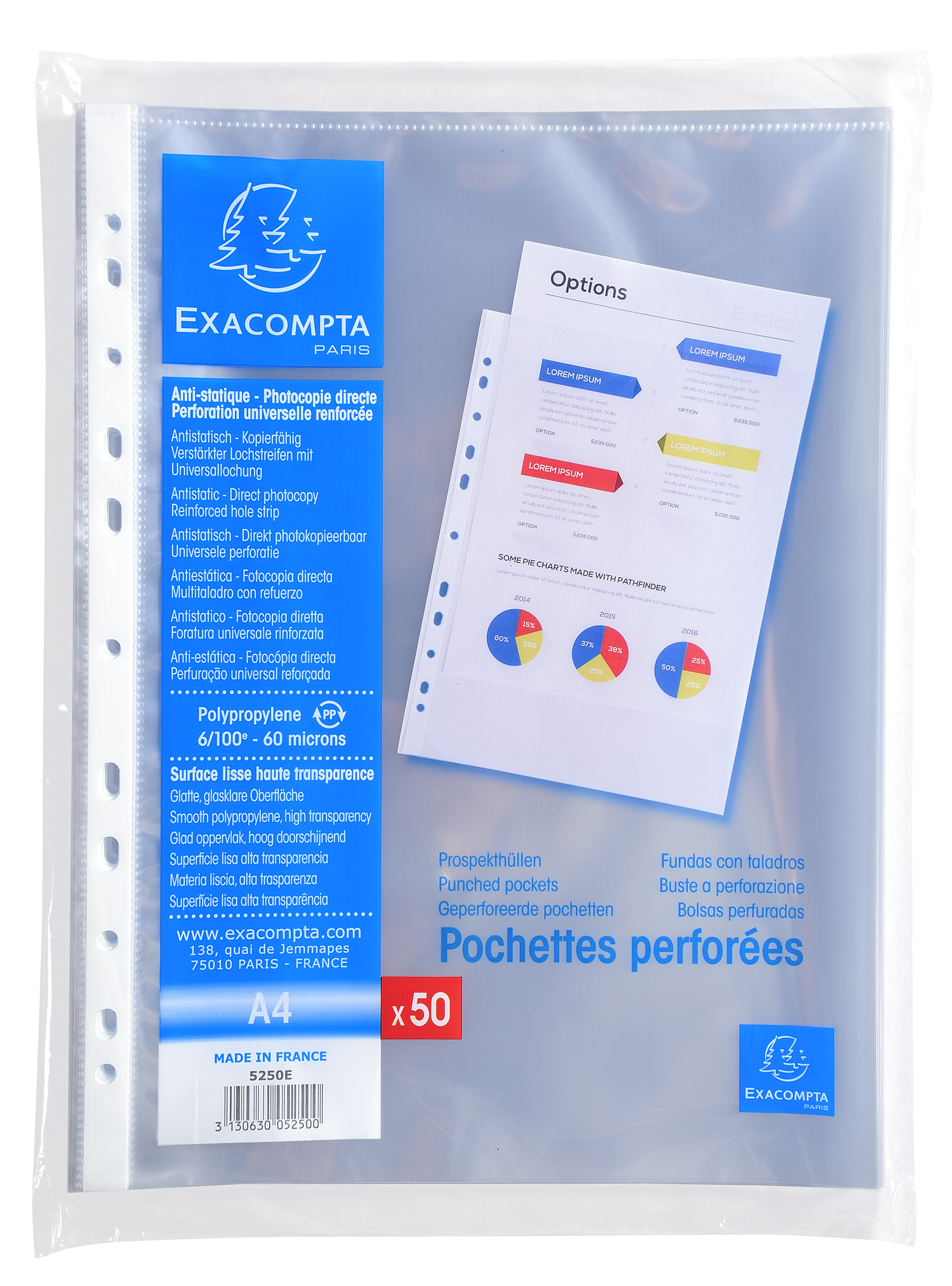 Exacompta Punch Pockets Polypropylene A4 60 Micron Clear (Pack 50)