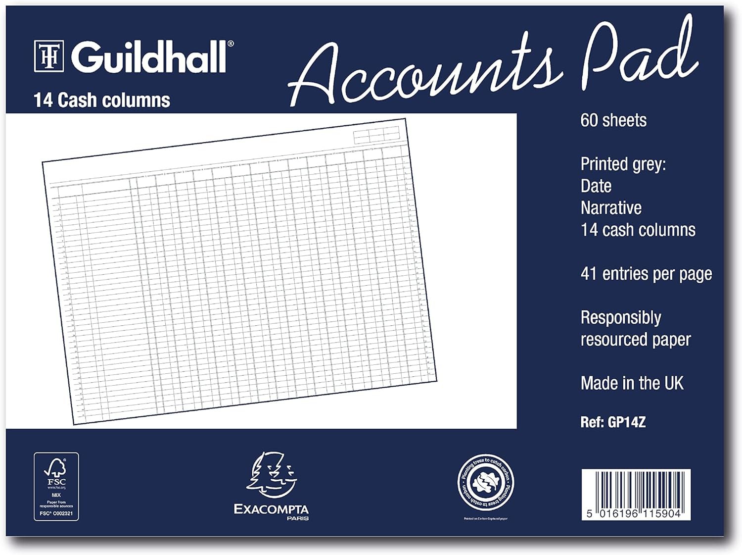 Guildhall Ruled Account Pad with 14 Cash Columns and 60 Pages Grey