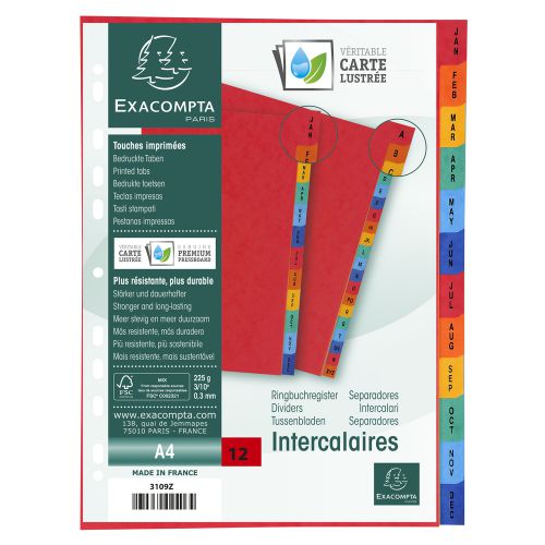 Indexes Exacompta Index Jan-Dec A4 225gsm Pressboard Assorted Colours