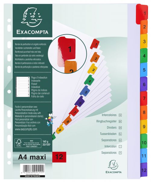 Exacompta Index 1-12 A4 Extra Wide 160gsm Card White with Coloured Plastic Tabs - 4112E