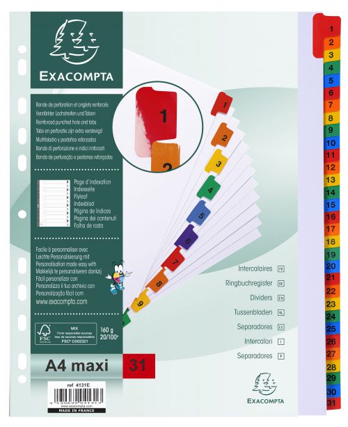 Exacompta Index 1-31 A4 Extra Wide 160gsm Card White with Coloured Mylar Tabs - 4131E