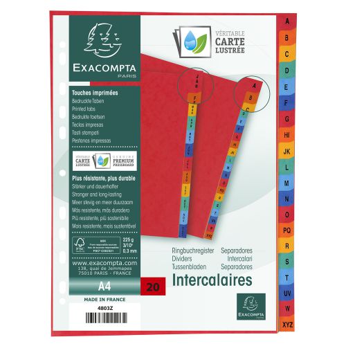 Indexes Exacompta Index A-Z A4 225gsm Pressboard Assorted Colours