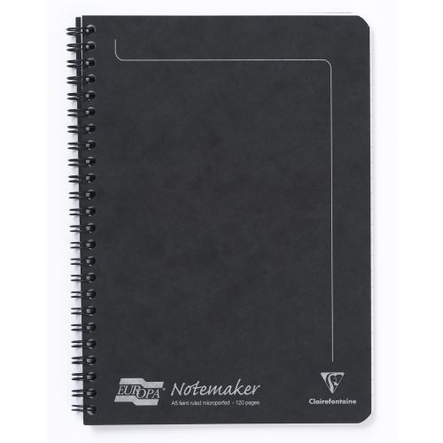 Spiral Note Books Clairefontaine Europa Notemaker A5 Wirebound Pressboard Cover Notebook Ruled 120 Pages Black (Pack 10)