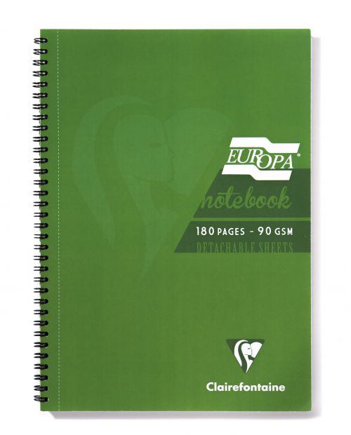 Clairefontaine Europa A4 Wirebound Card Cover Notebook Ruled 180 Pages Green (Pack 5)
