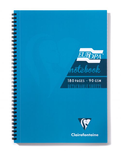Clairefontaine+Europa+A4+Wirebound+Card+Cover+Notebook+Ruled+180+Pages+Turquoise+%28Pack+5%29+-+5802Z