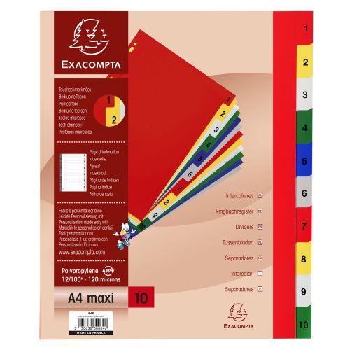 Exacompta Index 1-10 A4 Extra Wide 120 Micron Polypropylene Bright Assorted Colours - 84E