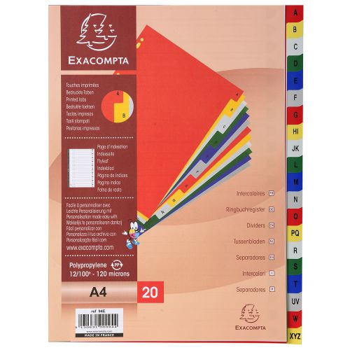 Exacompta Index A-Z A4 120 Micron Polypropylene Bright Assorted Colours - 94E