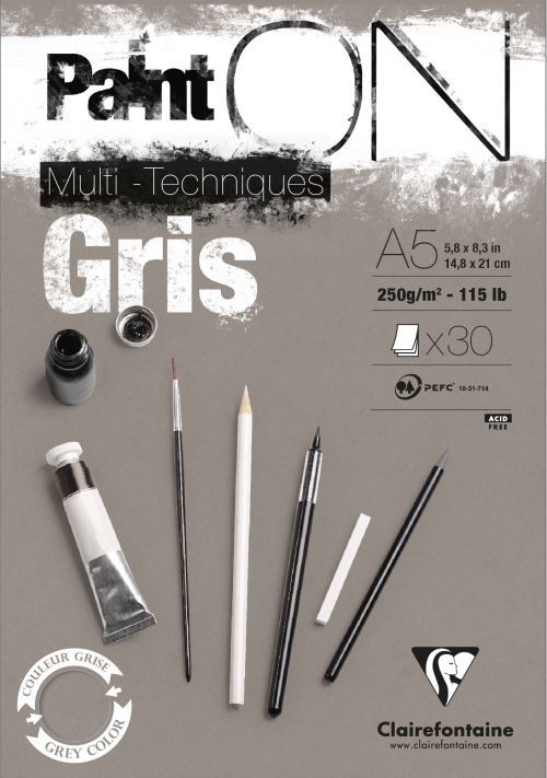 Drawing Pads Clairefontaine PaintOn Pad A5 250gsm 30 Sheets Grey Paper 975808C