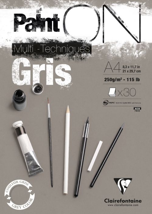 Drawing Pads Clairefontaine PaintOn Pad A4 250gsm 30 Sheets Grey Paper 975809C
