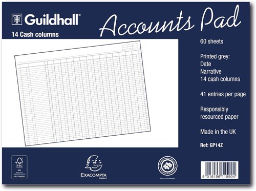 Guildhall Ruled Account Pad with 14 Cash Columns and 60 Pages Grey GP14Z
