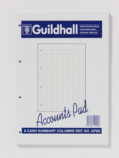 Guildhall Account Pad 8 Cash Column and Summary Punched 4 holes 60 Sheets A4 Ref GP8SZ