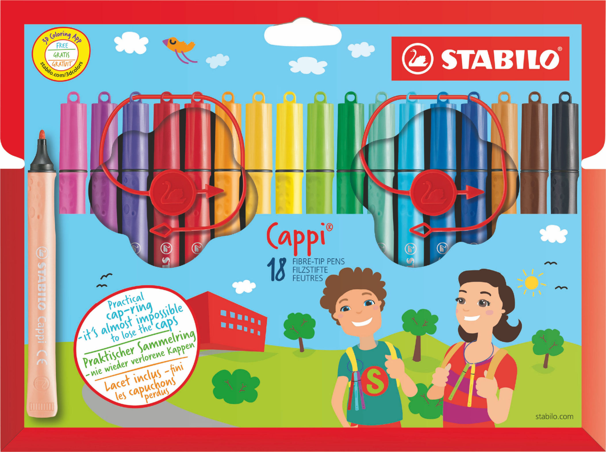 STABILO Cappi Felt Tip Pen with Cap Ring Assorted Colours (Wallet 24)