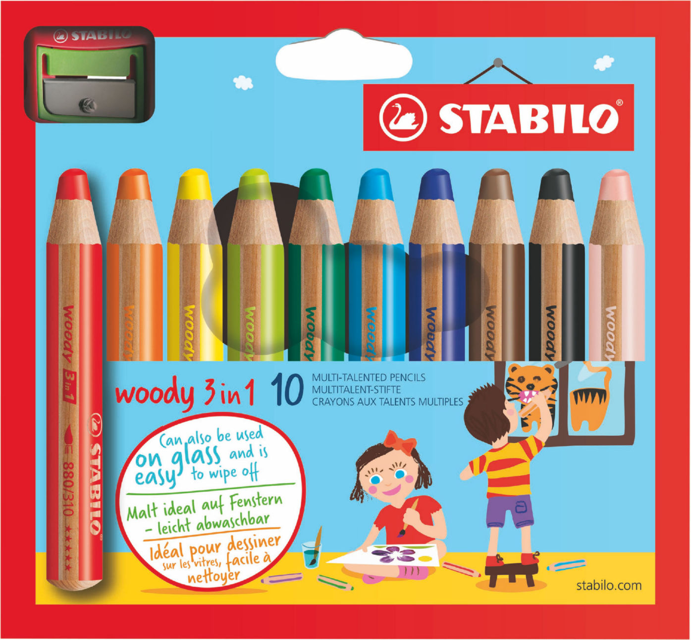 Colouring / Drawing Pencils STABILO woody 3 in 1 Colouring Pencil and Sharpener Set Assorted Colours (Pack 10)
