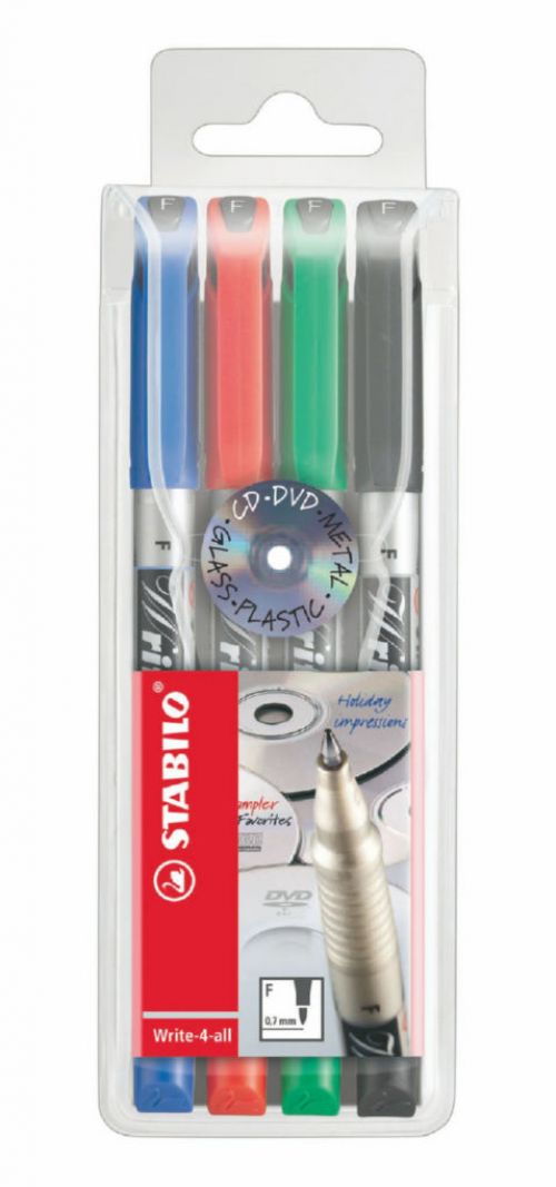 Highlighters STABILO Write-4-All Fine Permanent Marker 0.7mm Line Assorted Colours (Wallet 4)