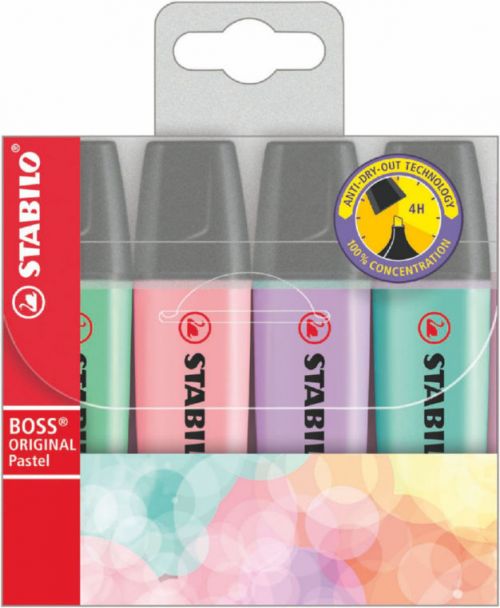 Highlighters STABILO BOSS ORIGINAL Pastle Highlighter Chisel Tip 2-5mm Line Assorted Colours (Wallet 4)