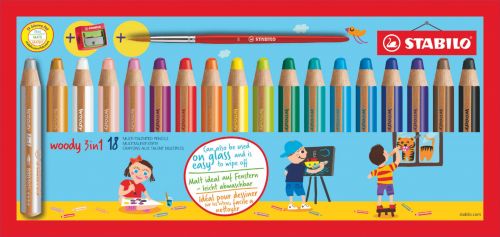 Colouring / Drawing Pencils STABILO woody 3 in 1 Colouring Pencil Paint Brush and Sharpener Set Assorted Colours (Pack 18)