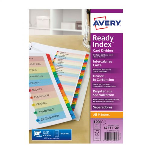 Avery Readyindex Divider 1-20 A4 Punched 190gsm Card White with Coloured Mylar Tabs 01966501
