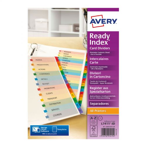 Dividers Avery Readyindex Divider A-Z A4 Punched 190gsm Card White with Coloured Mylar Tabs L7411-AZ