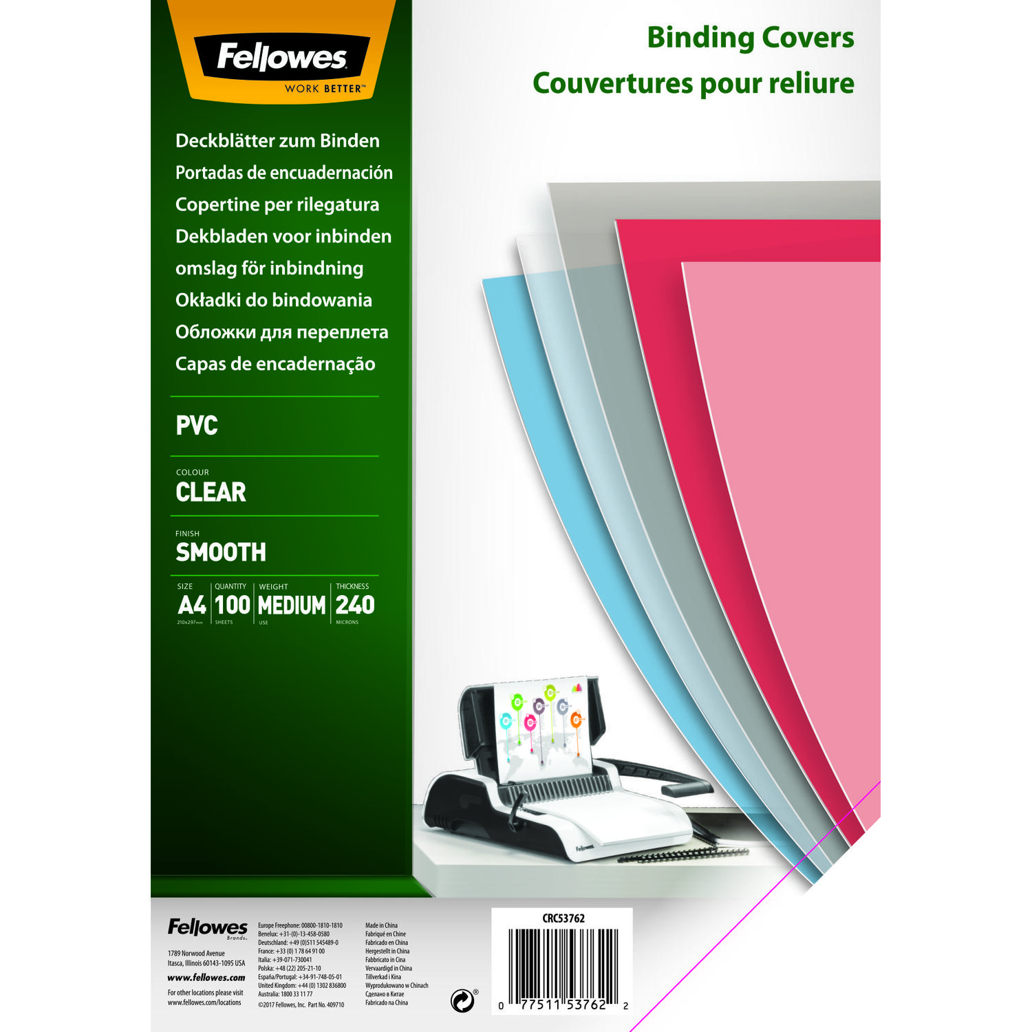Fellowes PVC Cover A4 240 microns Clear 53762 (PK100)