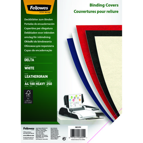 Cover Boards Fellowes Binding Cover Delta Leathergrain A4 250gsm White (Pack 100) 5370104