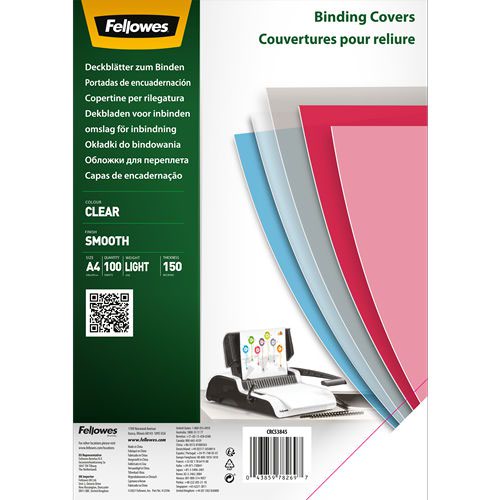 Fellowes+Clear+PET+Binding+Cover+150+micron+A4+%28Pack+100%29+5384501
