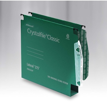 Rexel 275 Lateral Hanging Files with Tabs and Inserts 30mm base, 100% Recycled Manilla, Green, Crystalfile Classic, Pack of 50
