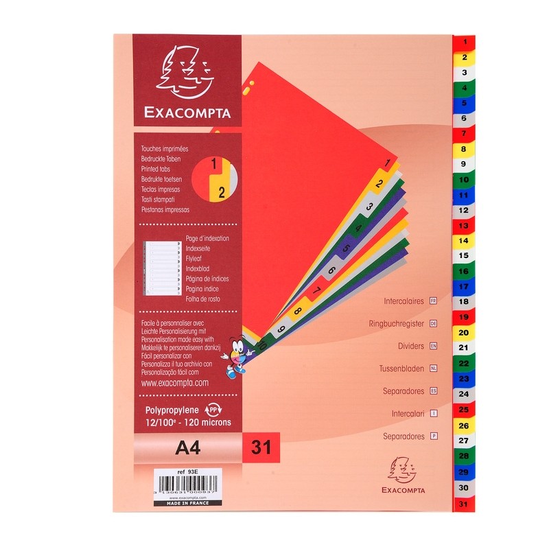Exacompta Polypropylene A4 Index 1-31 White with Coloured Tabs