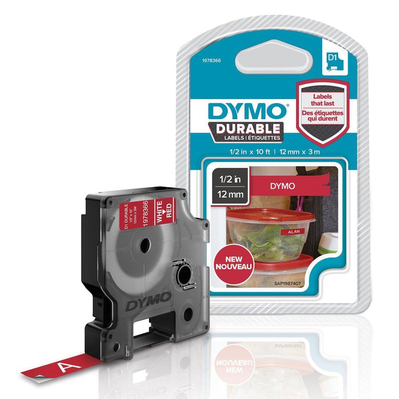 Dymo D1 Label Tape Durable 12mmx3m White on Red