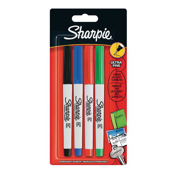 Sharpie Permanent Marker Ultra Fine Tip 0.6mm Line Assorted Standard Colours (Pack 4)