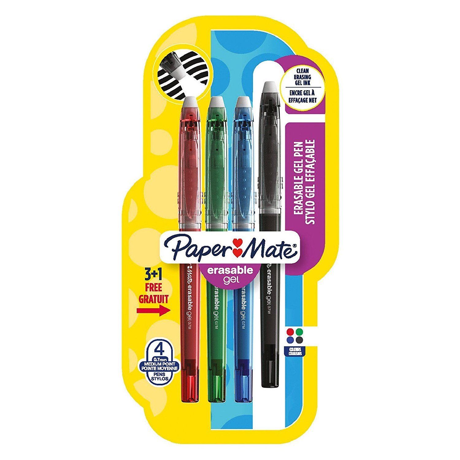 Paper Mate Erasable Gel Rollerball Pen 0.7mm Tip 0.35mm Line Black/Blue/Green/Red (Pack 4)
