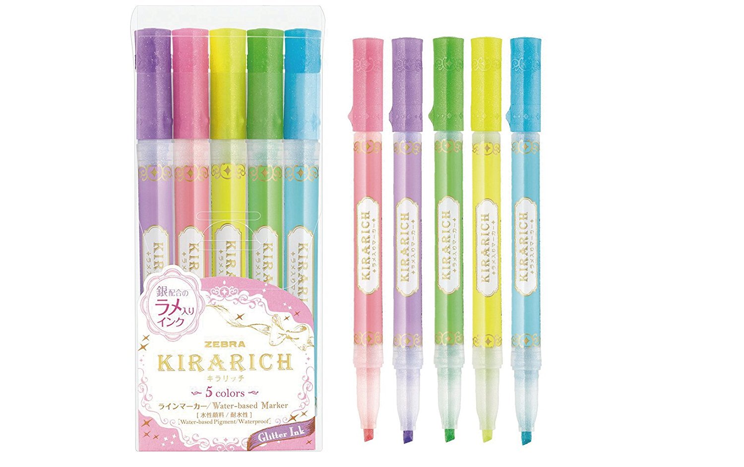 Zebra Kirarich Glitter Highligher Pen Chisel Tip Assorted Colours (Pack 5)