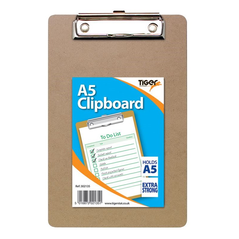 Clipboards Tiger Masonite Hardboard Clipboard A5 Brown
