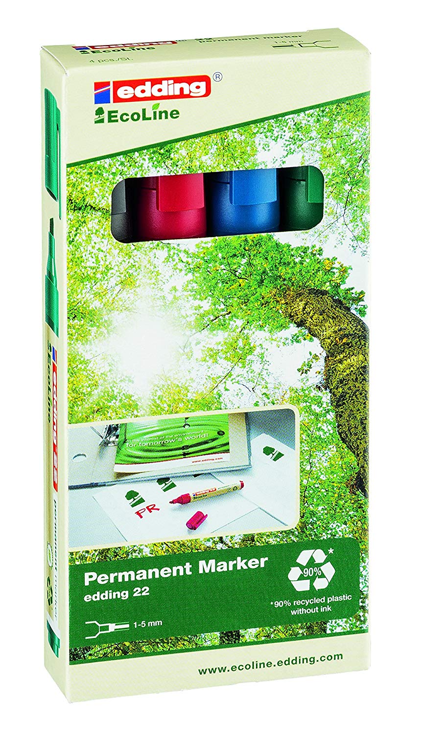 Permanent Markers Edding 22 EcoLine Permanent Marker Chisel Tip 1-5mm Line Assorted Colours (Pack 4)