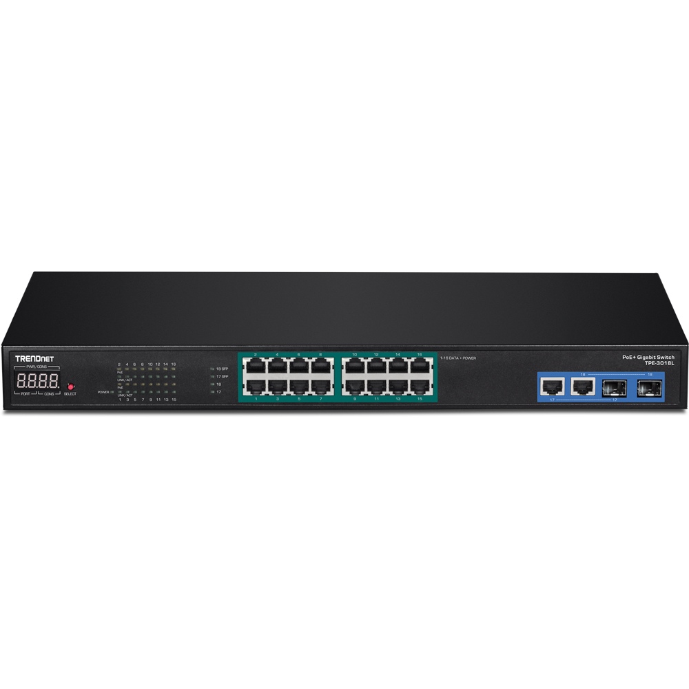 18 Port Gigabit NVR PoE AV Switch LED