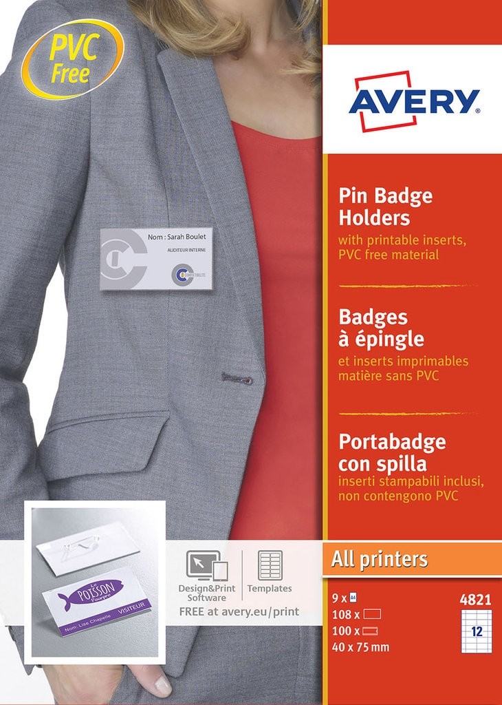 Avery Pin Badge 40x75mm PK100